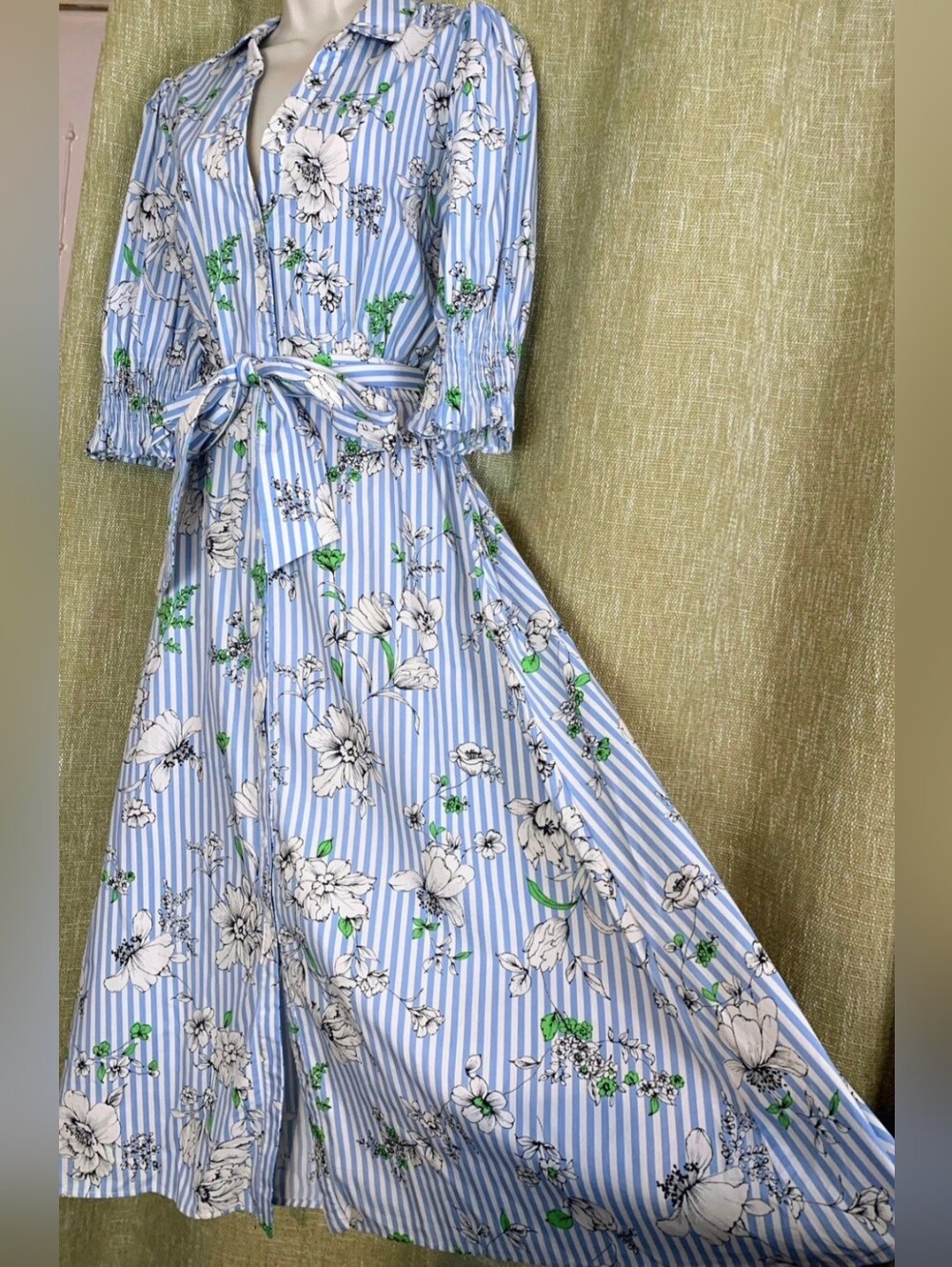 Blue & White Striped Floral Wrap Dress